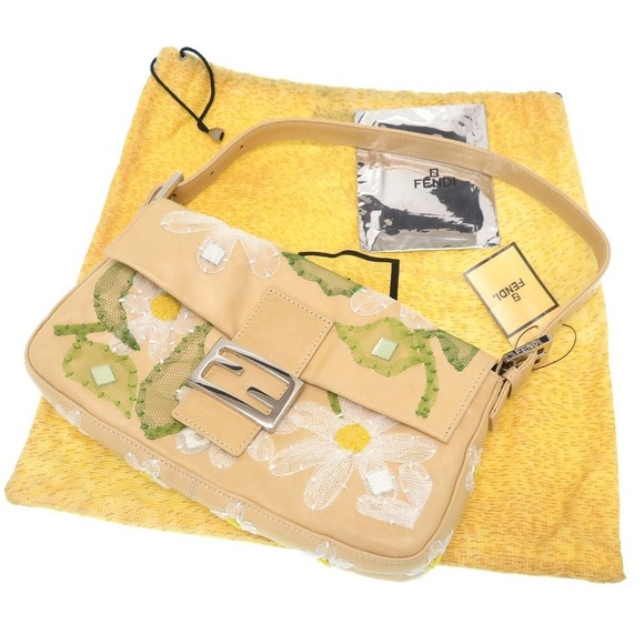 Fendi Mamma Bucket Shoulder Bag Nappa Flower Embroidery Yellow - Picture 10 of 10